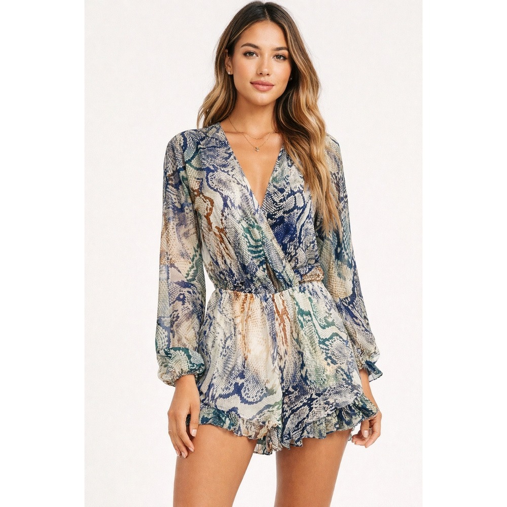 Show Me Your Mumu Romper Snakeskin Print Long Sleeve Ruffle Boho Small